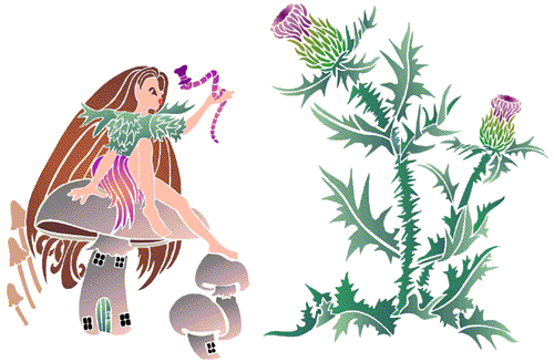 Colorful fairy sitting on mushrooms and large agrimony tattoo design