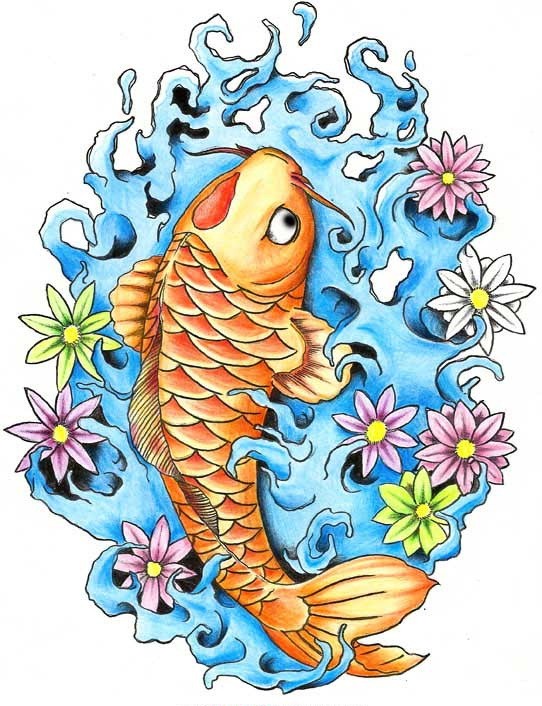 Colorful fish in water covered with tiny flowers tattoo design