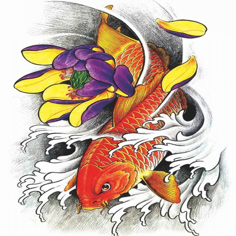 Colorful fish with violat-and-yellow flower tattoo design