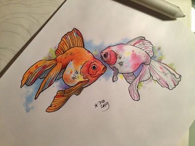 Colorful fishes on blue water background tattoo design