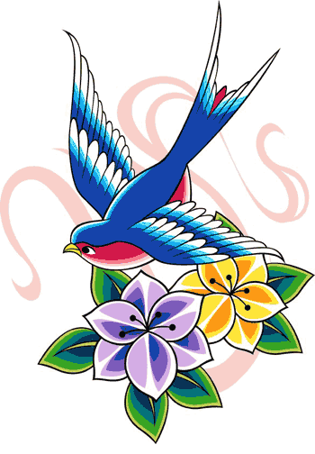Colorful flying sparrow and two flowers tattoo design