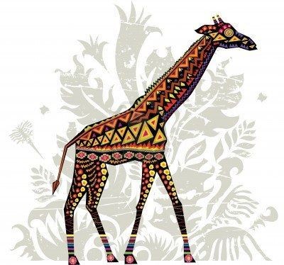 Colorful folk-ornamented giraffe tattoo design
