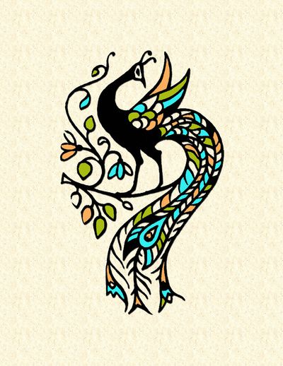 Colorful folk peacock sitting on branch tattoo design