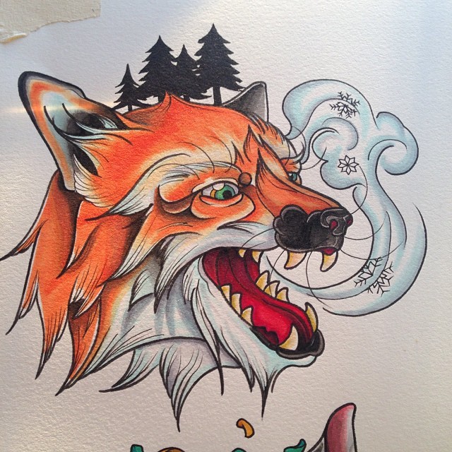 Colorful fox breathing with frozen smoke tattoo design