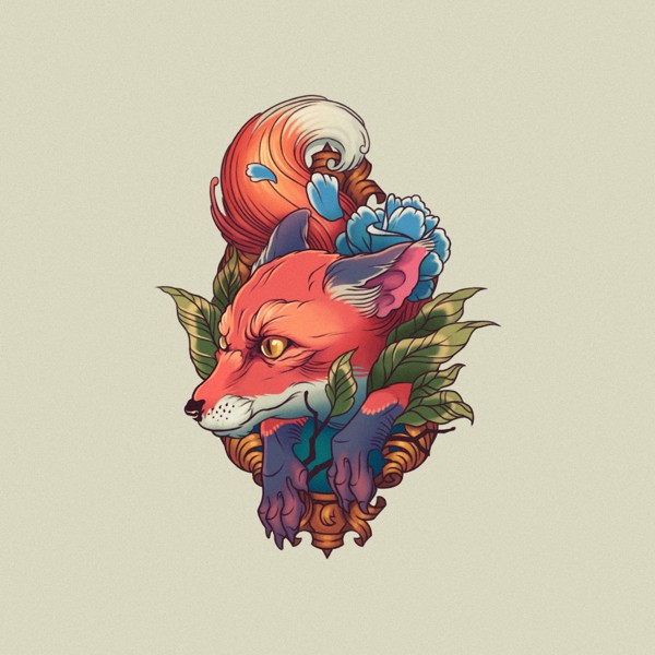 Colorful fox looking out on mirror frame tattoo design