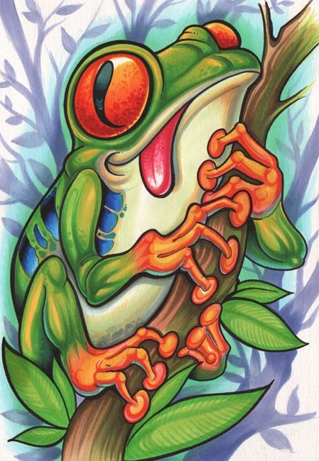 Colorful frog with hangung tongue sitting on branch tattoo design