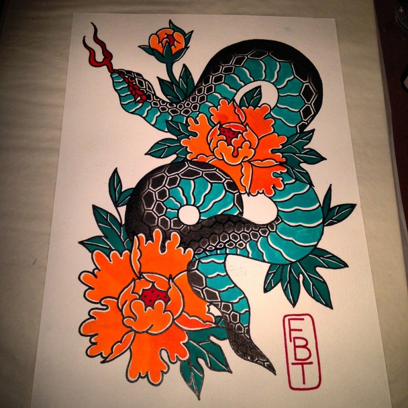 Colorful geometric-scaled snake and huge peonies tattoo design