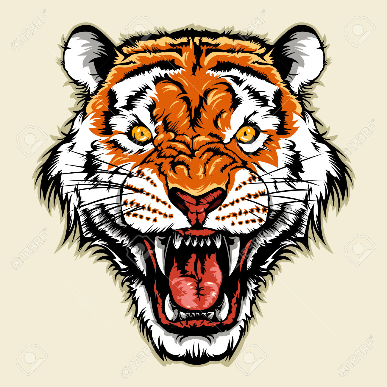 Colorful gnarling tiger head tattoo design