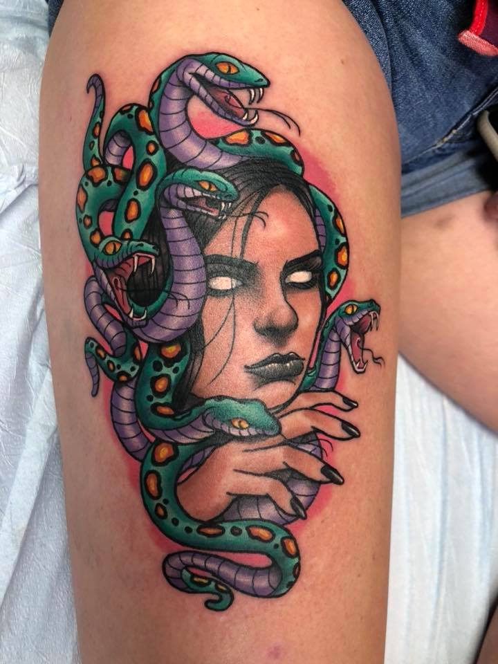 Colorful gorgon medusa tattoo