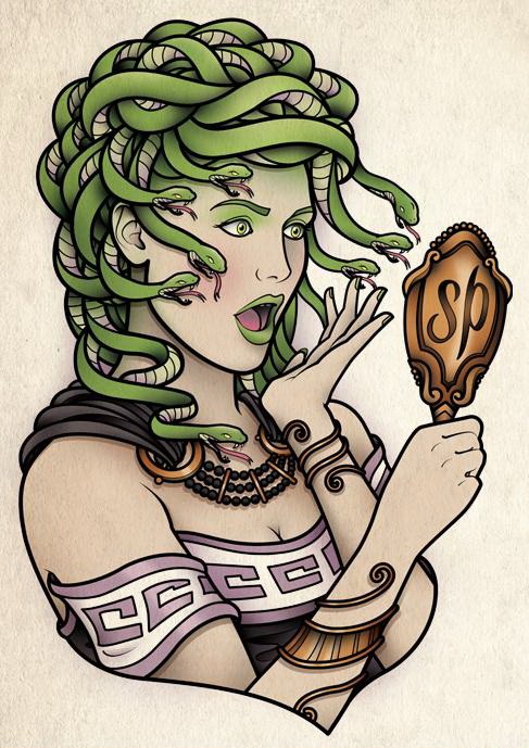 Colorful green-snake medusa gorgona looking in the mirror tattoo design