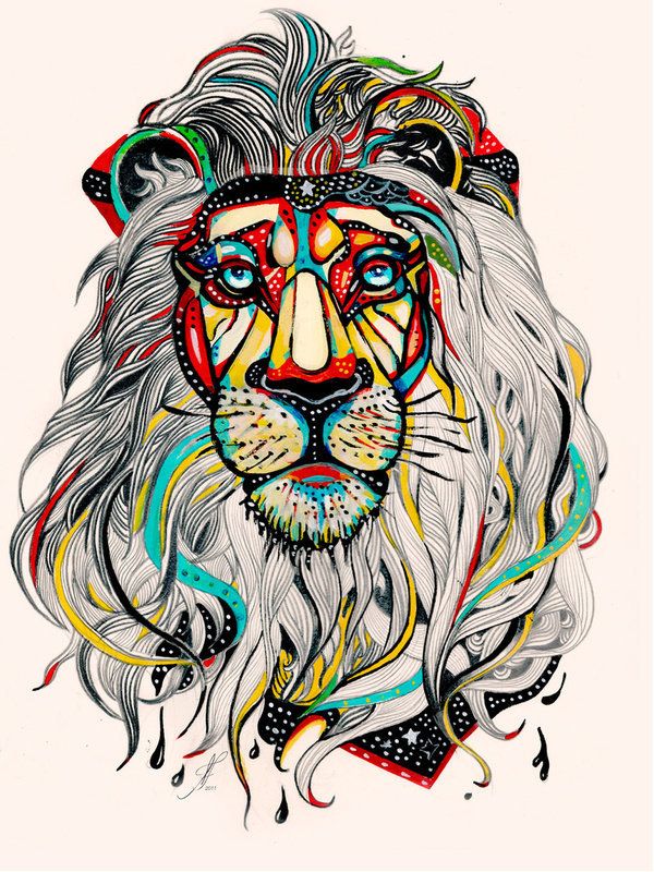 Colorful grey-mane indian lion portrait tattoo design