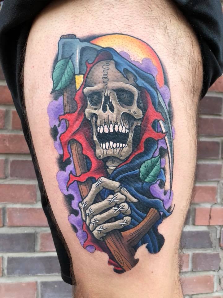 Colorful Grim Reaper Tattoo On Leg By James Mullin