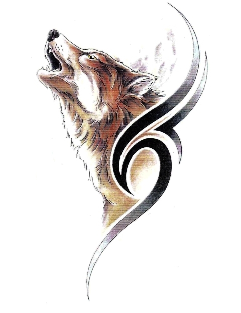 Colorful howling wolf and a tribal sign tattoo design