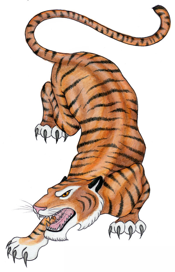 Colorful hunting tiger tattoo design