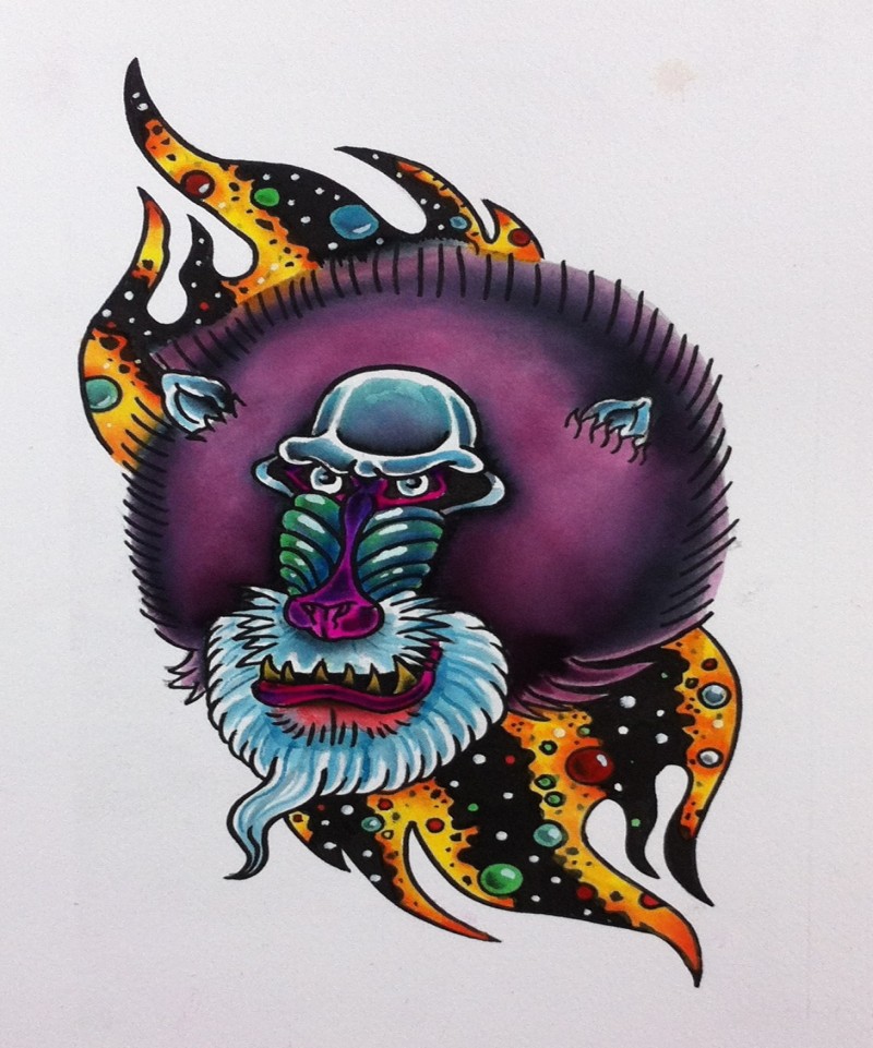 Colorful monkey head on space background tattoo design