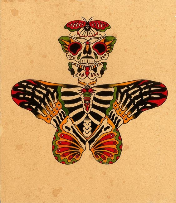 Colorful moth flock with skeleton pattern in old school style tattoo design