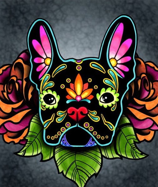Colorful muerte bulldog with flowers tattoo design