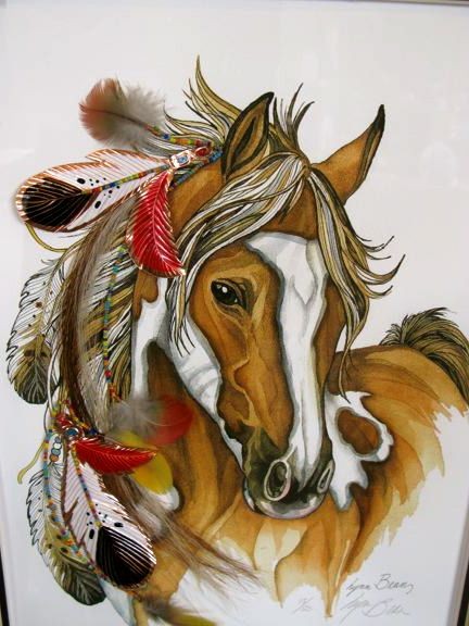 Colorful native americal horse with feathers tattoo design