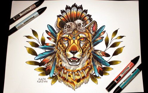 Colorful native american cheetah with feathers and leaves decorations tattoo design by Katya Kabum