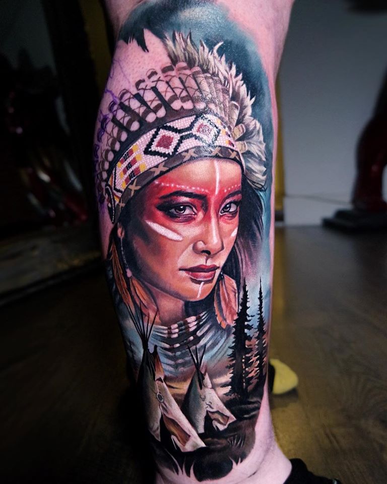 Colorful native american girl style tattoo