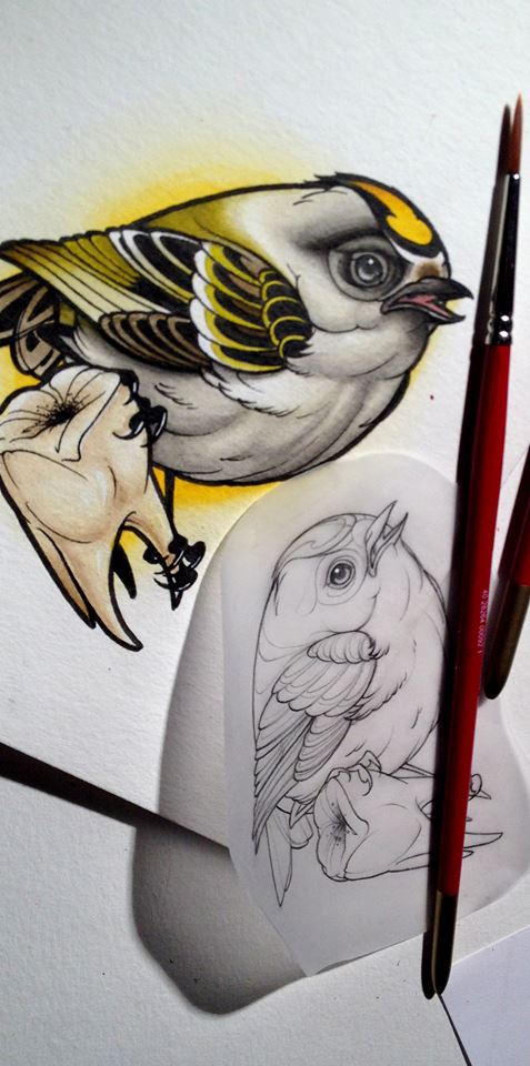 Colorful new school bird and a tooth tattoo design