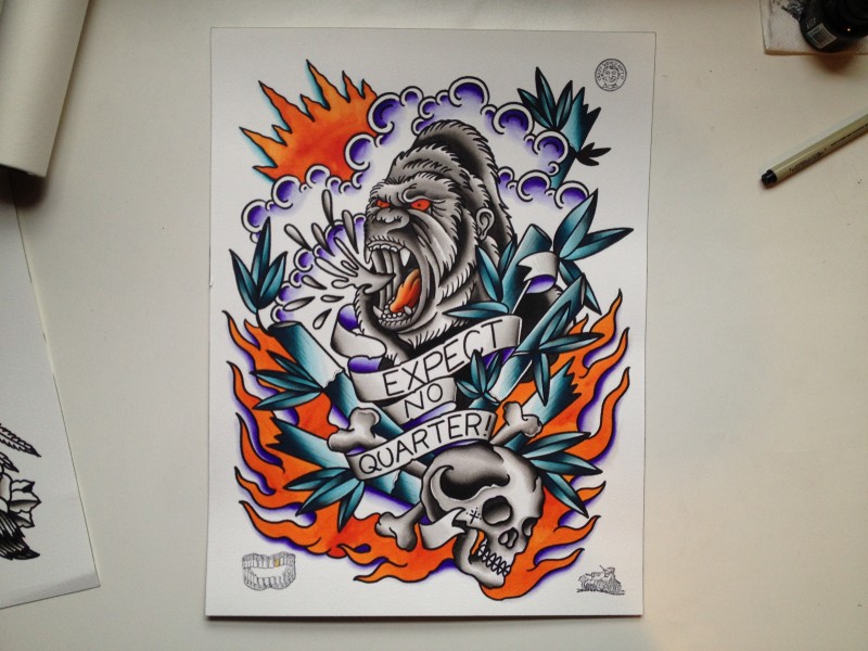 Colorful new school gorilla with skull and banner on flaming background tattoo design