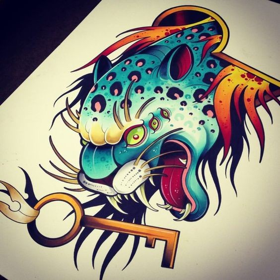 Colorful new school many-eyed screaming leopard and gold key tattoo design