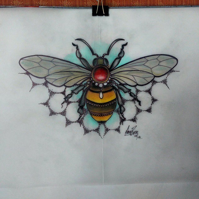 Colorful new school red-jem decorated bee on dotwork honeycomb background tattoo design