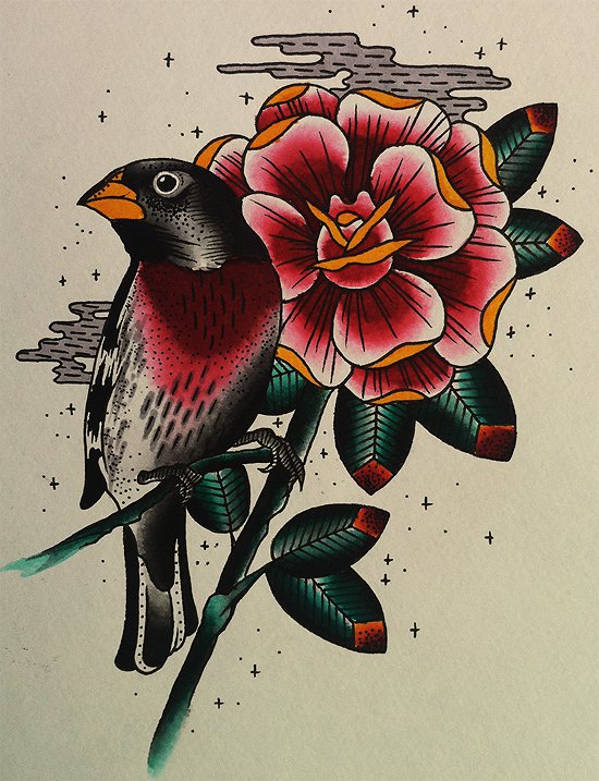 Colorful old school bird and flower in mist tattoo design by Mike Adams