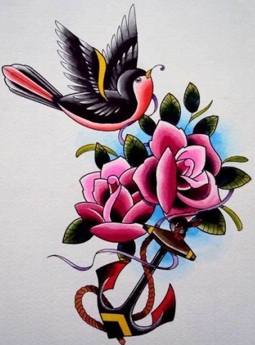 Colorful old school bird with anchor and flowers tattoo design