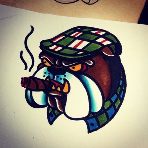 Colorful old school bulldog in squared cap with sigarette tattoo design