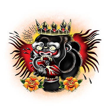 Colorful old school crowned monkey king tattoo design