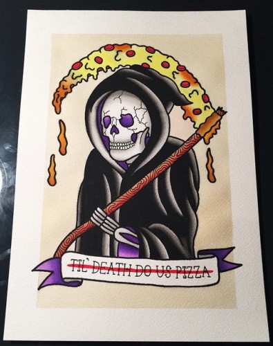 Morte colorida da velha escola com desenho de tatuagem de pizza sythe