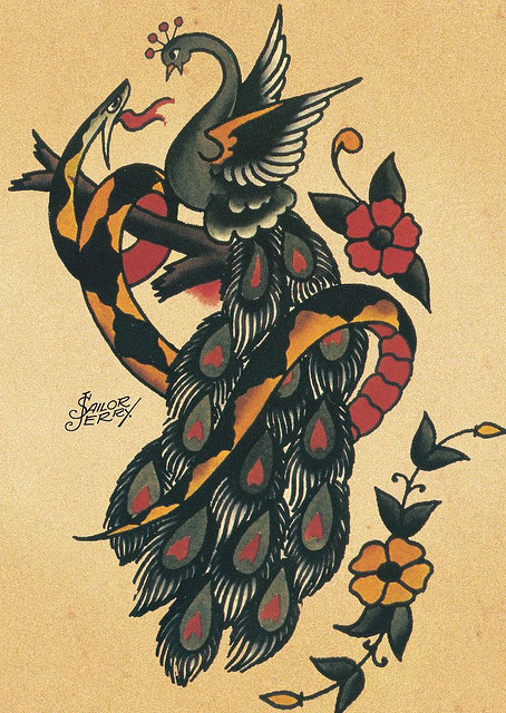 Colorful old school peacock attacking by snake tattoo design