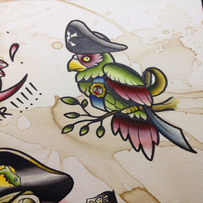 Colorful old school pirate parrot sitting on branch tattoo design