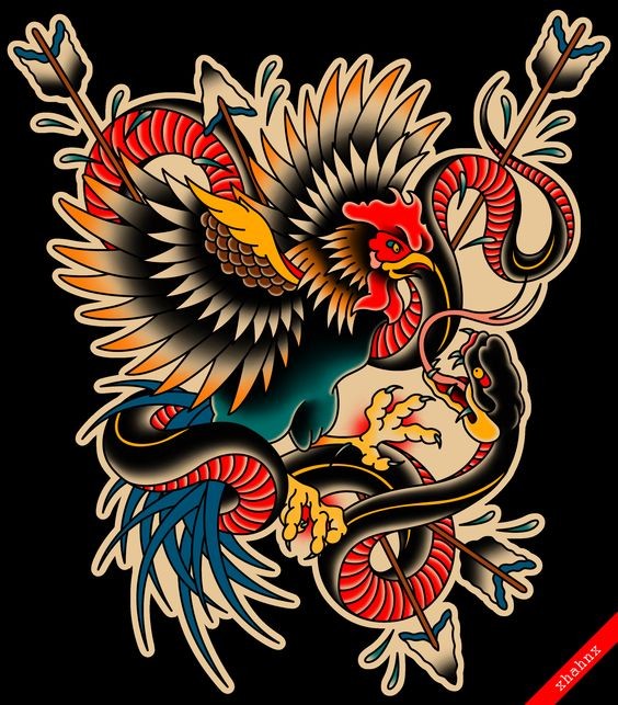 Colorful old school rooster and snake fight with arrows tattoo design