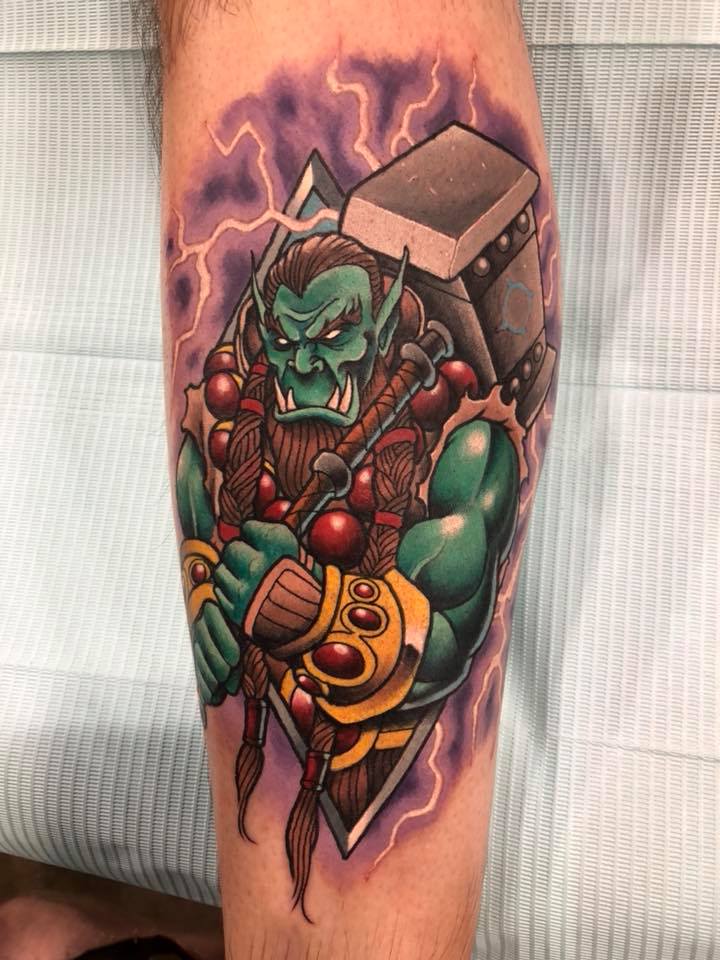 Colorful ork with hammer tattoo