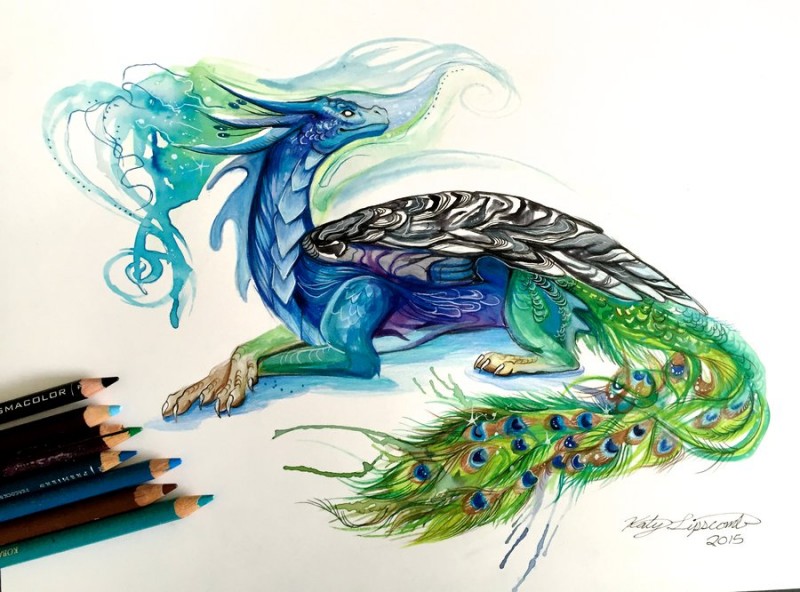 Colorful painting lying dragon with peacock tail tattoo design