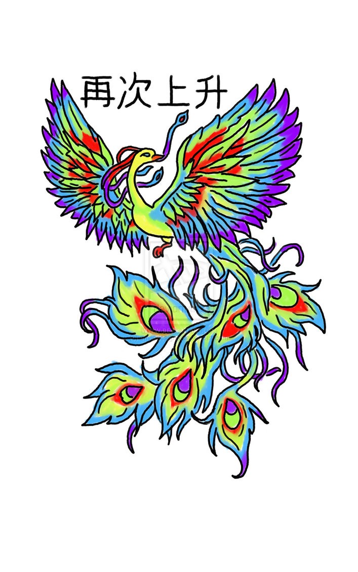 Colorful phoenix with chinese symbols tattoo design