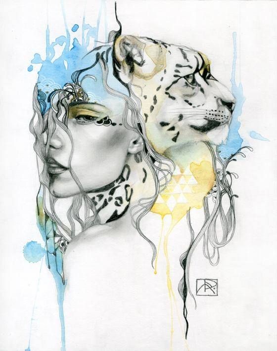Colorful pretty girl face and snow leopard tattoo design