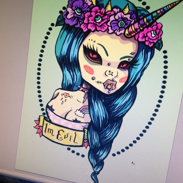 Colorful punk tattooed girl with unicorn horn and flowered wreath tattoo design