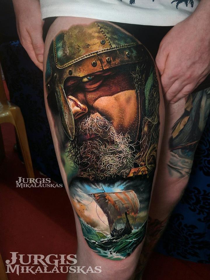 Colorful realistic viking theme tattoo