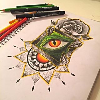 Colorful reptile illuminati with rose and shining mandala tattoo design