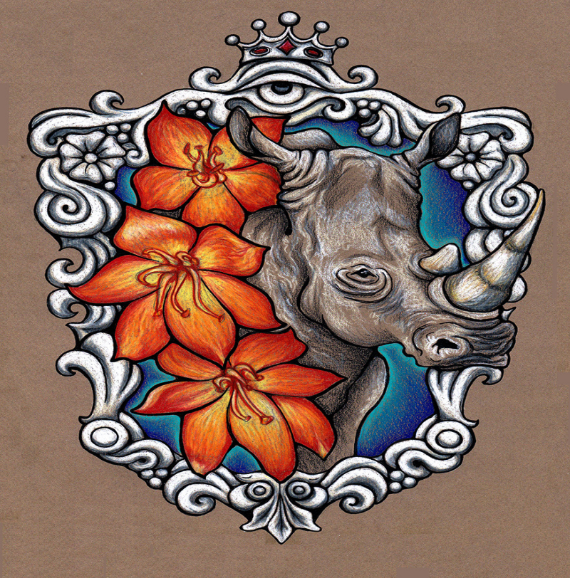 Colorful rhino in silver frame with orange lily flowers tattoo design