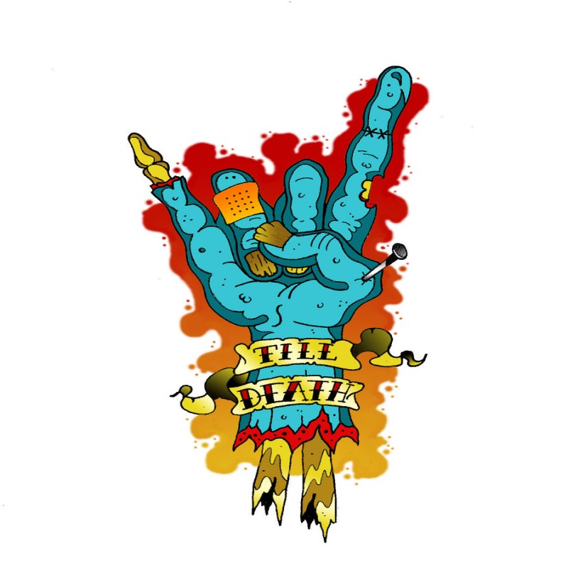 Colorful rock-n-roll zombie hand in flame tattoo design by Mr Zogman
