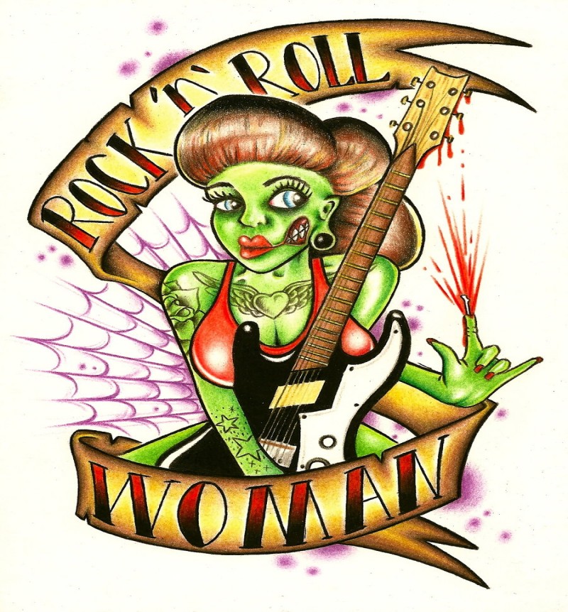 Colorful rock-n-roll zombie woman with a guitar and banners tattoo design by Itchysack