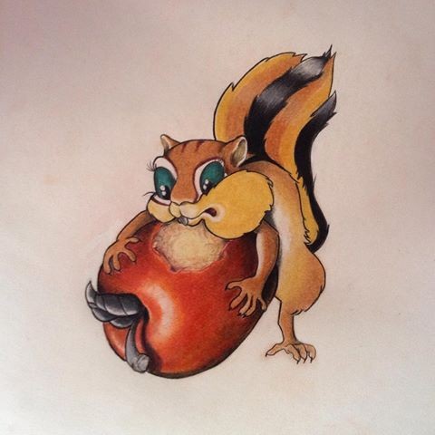 Colorful rodent embracing red nibbled apple tattoo design