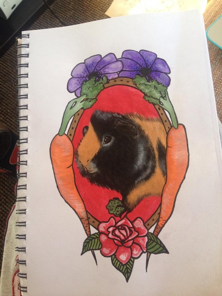 Colorful rodent in frame decorated with carrots and flowers tattoo design by My Spiritual Pig