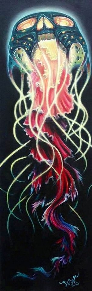 Colorful skull-headed screaming jellyfish tattoo design