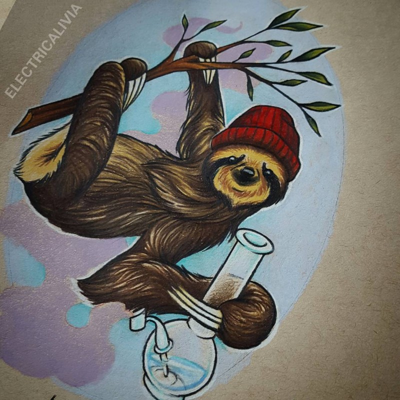 Colorful sloth in hat keeping glass bulb tattoo design